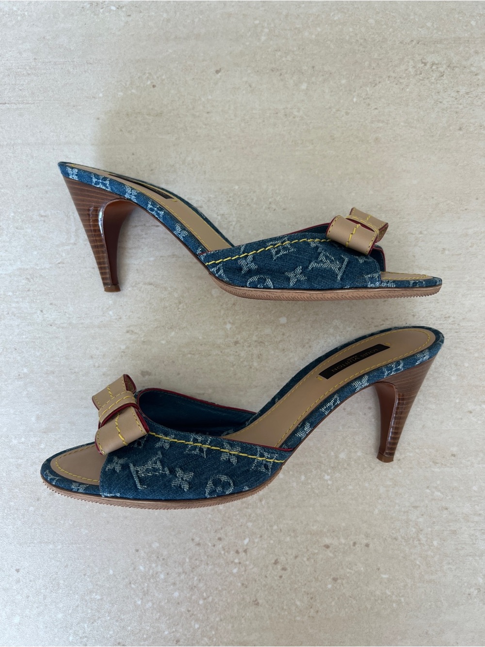 Louis Vuitton Denim Monogram Slide Mules with Beige Bow - Picture 7 of 8